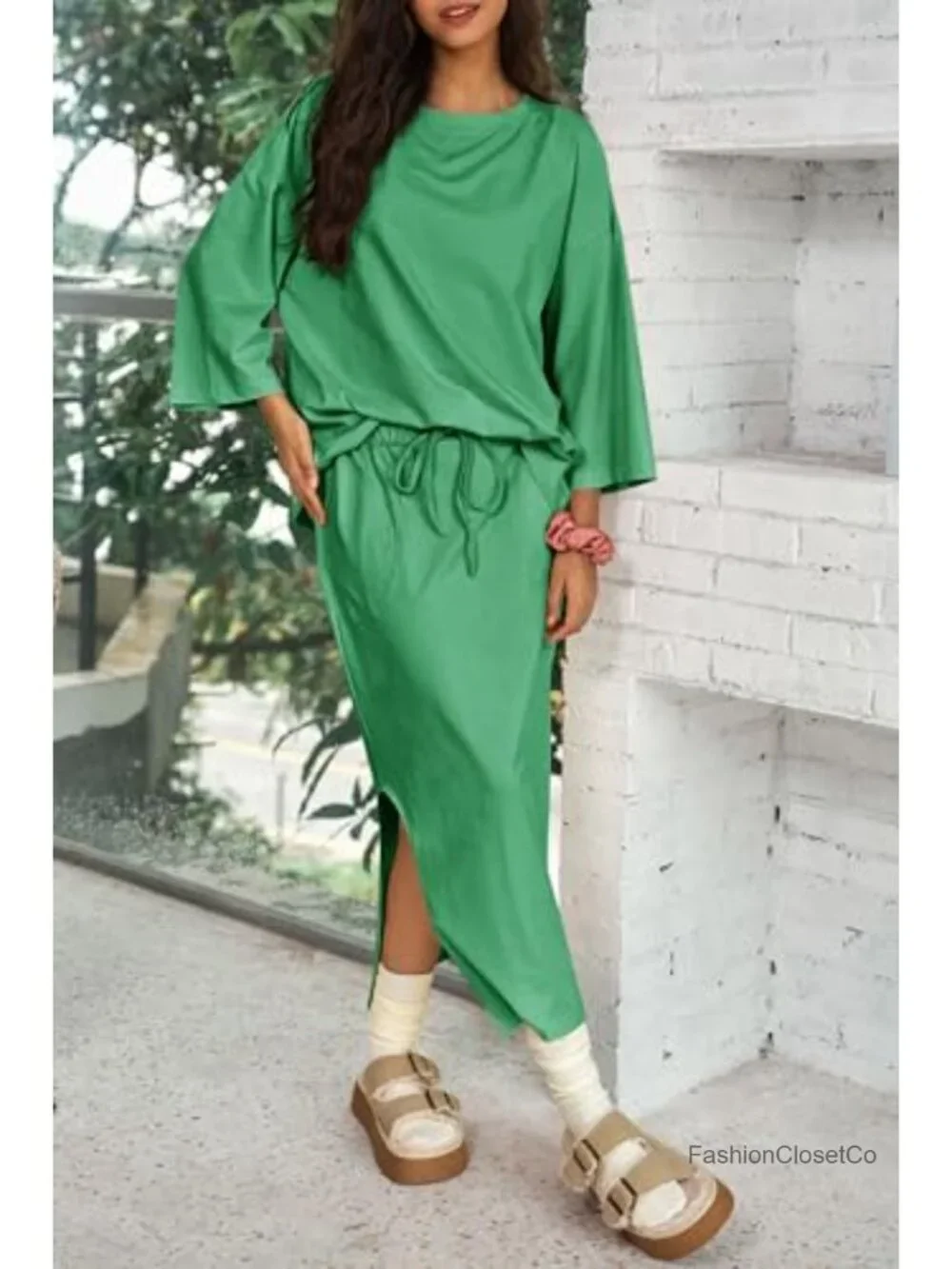 2 Piece Skirt Set Oversized 3/4 Sleeve Top and Maxi Skirt Matching Outfits